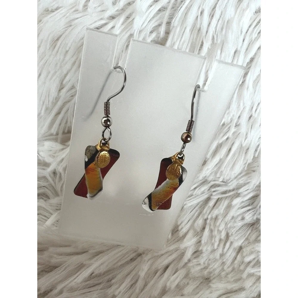 Dichroic‎ Glass Drop Earrings Amber Copper Gold Leaf Twist Dangle Artisan Boho